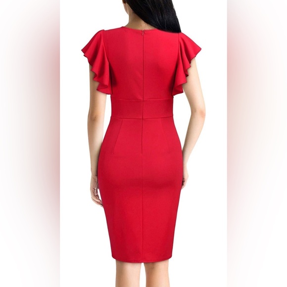 Knitee Women’s Deep-V Neck Ruffle Sleeves Cocktail Pencil Slit Formal Dress - Picture 5 of 6